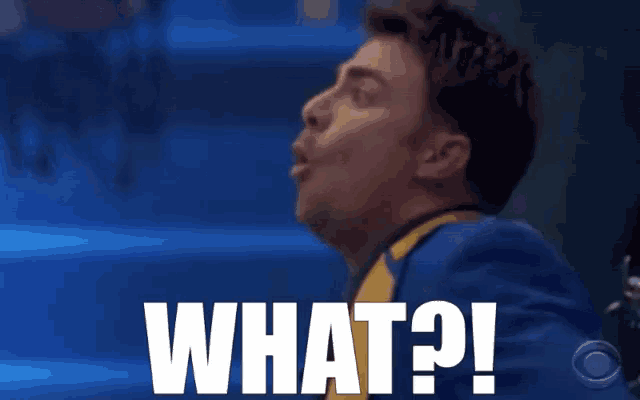 a man in a blue and yellow suit says " what "