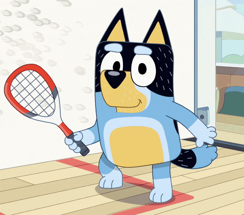 a cartoon dog is holding a tennis racquet in his hand