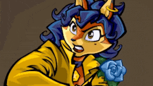 a cartoon character is holding a blue rose