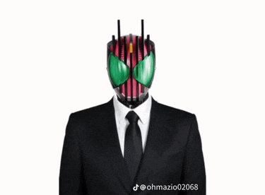 a man in a suit and tie is wearing a mask with green eyes