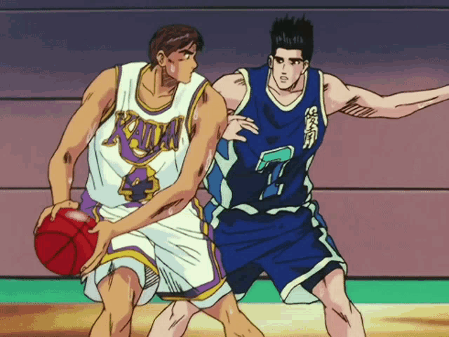 a basketball player with the number 4 on his jersey is being chased by another player with the number 7 on his jersey