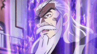 a cartoon character with a beard and long hair is standing in front of a purple background .