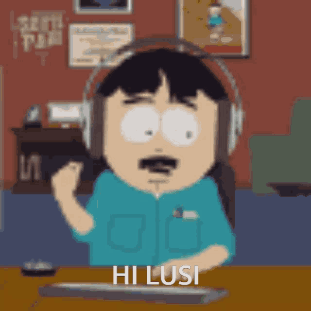a cartoon character wearing headphones says hi lusi while sitting at a desk