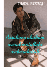 a man in a leather jacket is kneeling down with the words assalamualaikum warahmatullahi wabarakatuh written below him