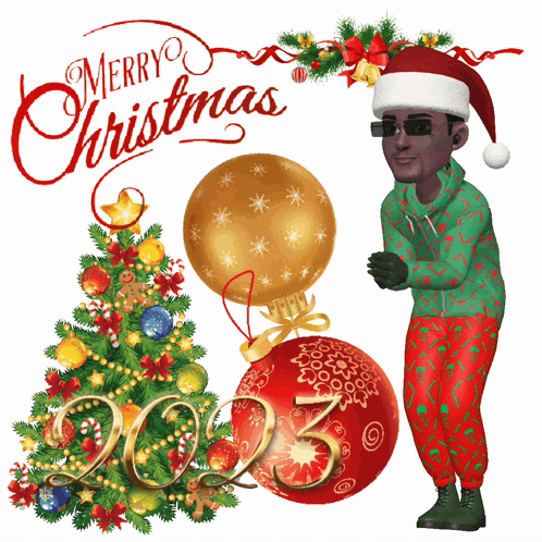 a man wearing a santa hat is standing next to a christmas tree and a ball with the number 2023 on it