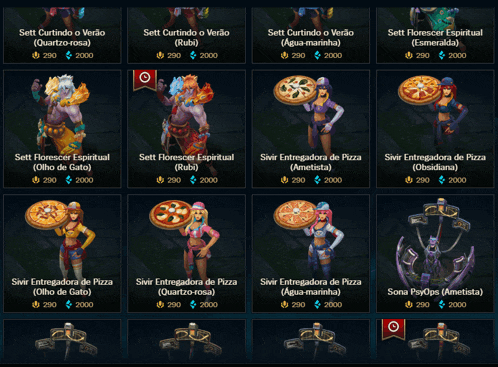 a screenshot of a league of legends game showing different characters holding pizza