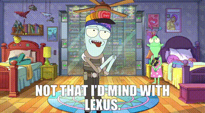 a cartoon character is standing in a bedroom with a ceiling fan and says not that i 'd mind with lexus .