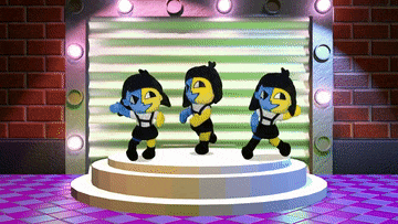 three cartoon characters are dancing on a stage with a brick wall in the background