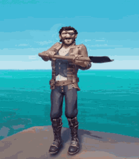 a man is standing on a rock holding a shovel