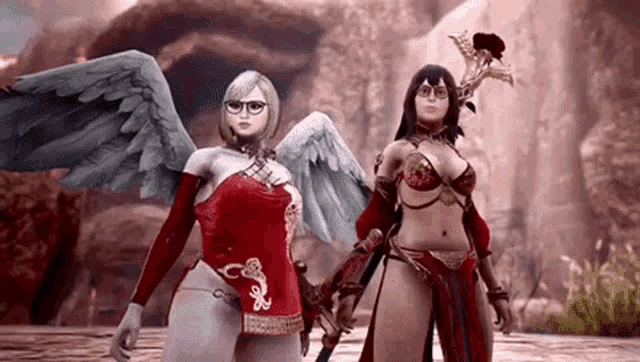 two women are standing next to each other in a video game . one of the women is wearing glasses and has wings .