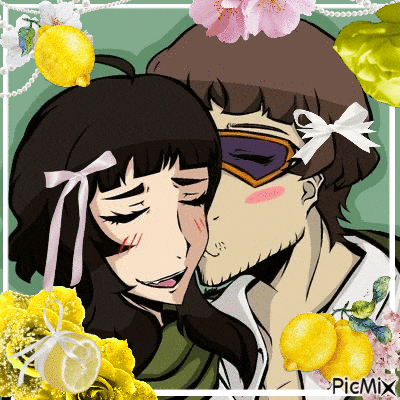 a drawing of a man kissing a woman with flowers and lemons around them