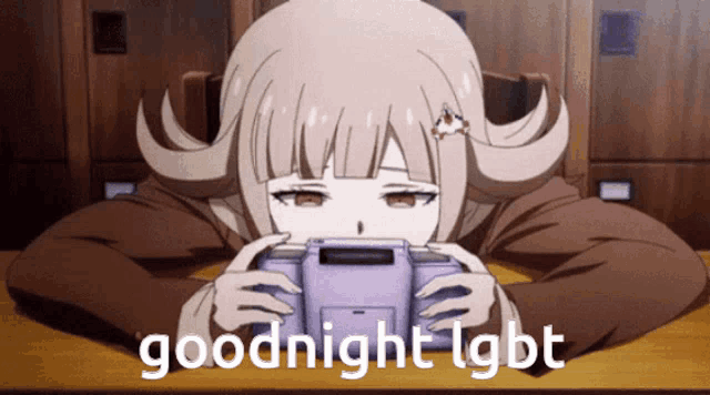 a picture of a girl holding a video game controller with the words goodnight lgbt on the bottom