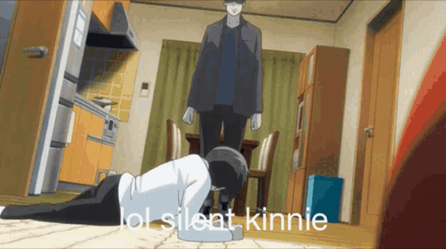 a cartoon of a man kneeling on the floor with the words lol silent kinnie above him