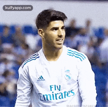 a soccer player wearing a fly emirates jersey is standing on a field .