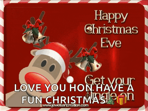a happy christmas eve card with a reindeer wearing a santa hat and bells