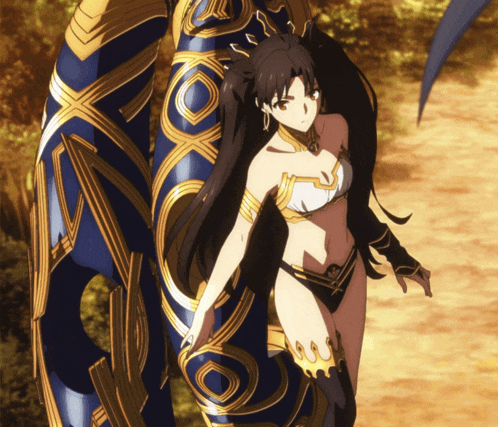 a woman in a bikini is standing next to a blue and gold armored figure