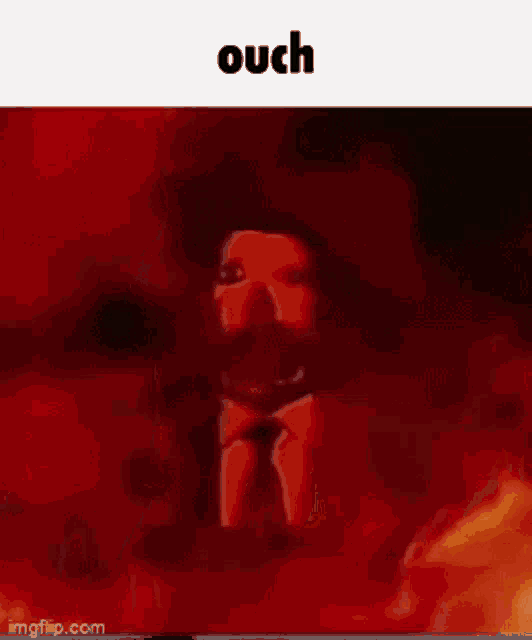 a picture of a person in a gas mask with the word ouch on the bottom