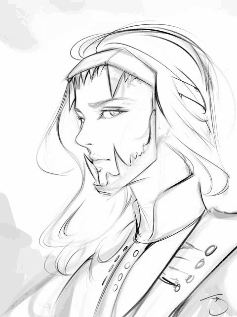 a black and white drawing of a man with a beard