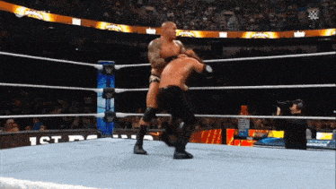 two men are wrestling in a ring with a sign that says wrestle