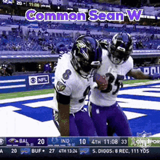 two football players on a field with the words common sean w. on the top