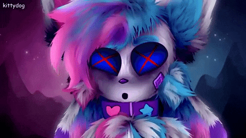 a colorful furry animal with blue eyes and a heart on its neck .