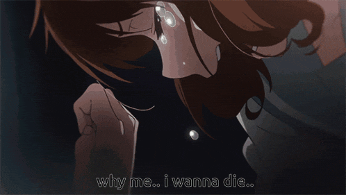 a girl is crying with the words why me i wanna die behind her