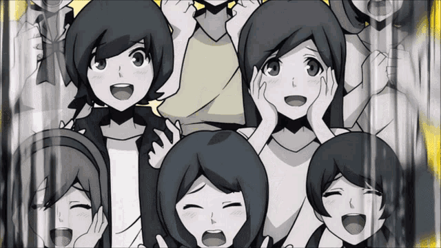 a group of anime characters are standing together with their mouths open