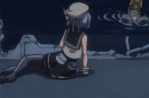 a girl with blue hair is laying on the ground holding a gun