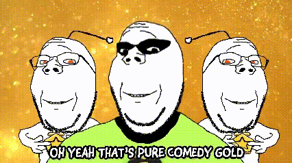 a cartoon of three men with the words oh yeah that 's pure comedy gold above them