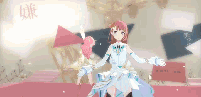 a girl in a white dress and white gloves is dancing on a stage