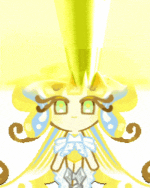 a cartoon character with yellow hair and green eyes has a yellow frosting on her head