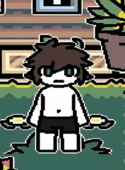 a pixel art of a boy kneeling down in front of a house holding a sword .