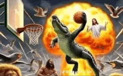 a painting of an alligator playing basketball with jesus .