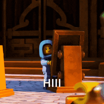 a lego character is standing next to a wooden block with the word hill on it