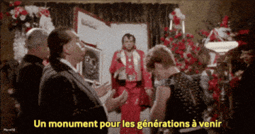 a group of people standing in front of a coffin with the words " un monument pour les generations a venir " on the bottom