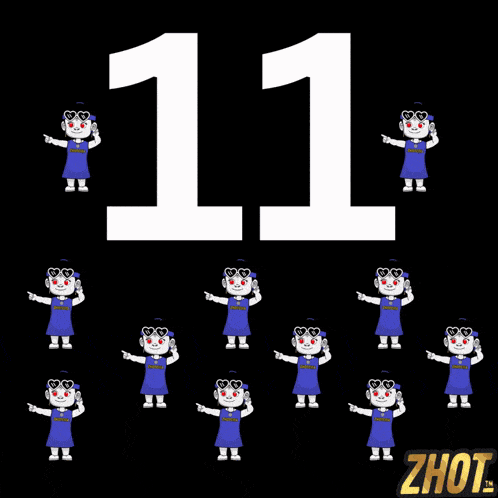 the number 11 is on a black background with a bunch of cartoon characters