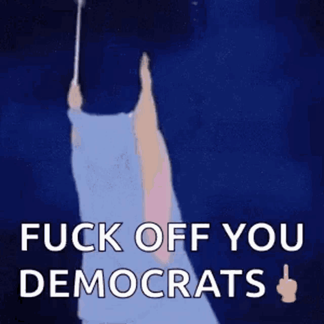 a fairy holding a wand with the words `` fuck off you democrats '' written on it