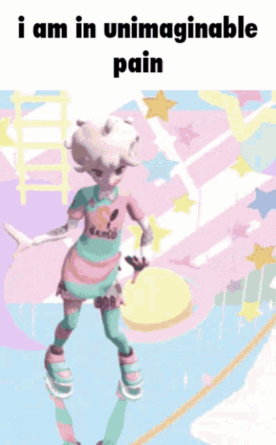 a cartoon of a girl dancing with the words i am in unimaginable pain