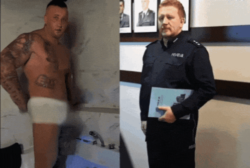 a shirtless man with a tattoo on his chest and a police officer