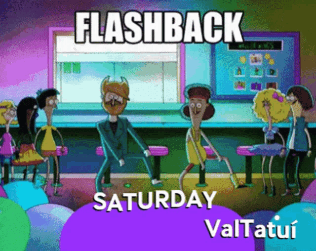 a cartoon of people dancing with the words flashback saturday valtatui