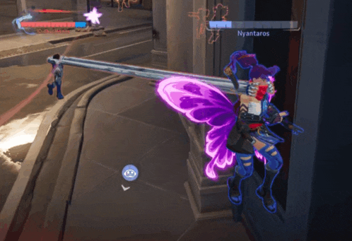 a video game character with purple wings and the name nyantaros on the screen