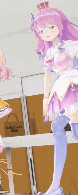 a cartoon girl with pink hair and a crown