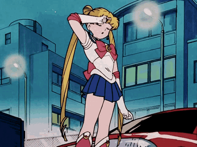 a girl in a sailor moon outfit is standing in front of a red car