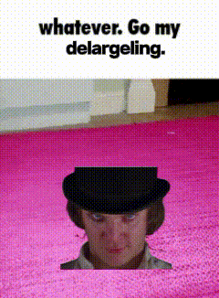 a man in a top hat is sticking his head out of a hole in a pink rug .
