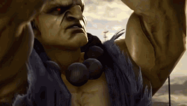 a cartoon character with a necklace around his neck shows off his muscles