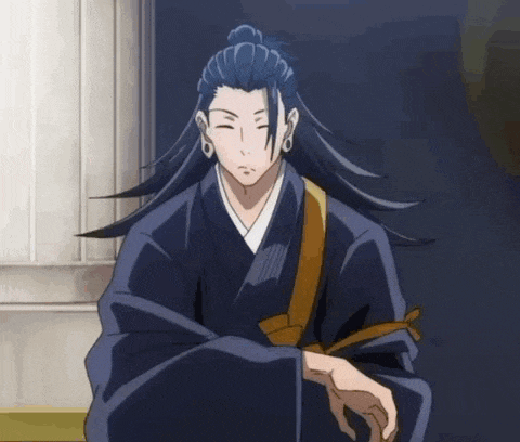 a man with long blue hair is wearing a kimono and standing in front of a wall .