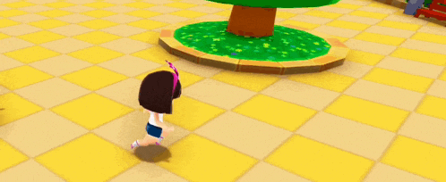 a cartoon girl is walking on a yellow tiled floor in front of a tree