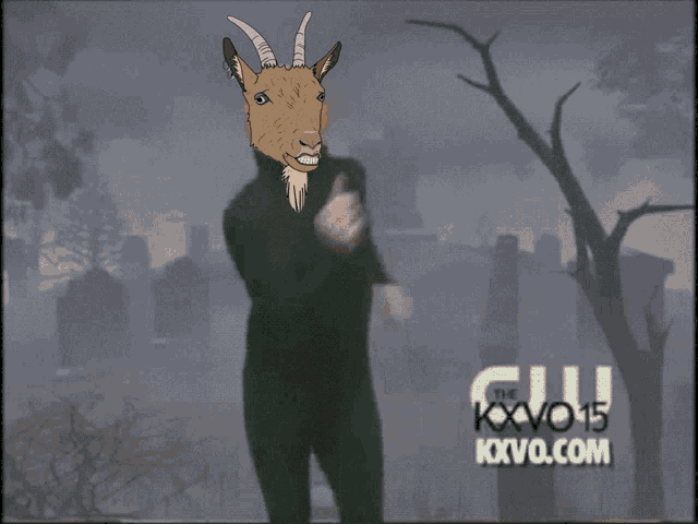 a cartoon of a man with a goat 's head and the words the kxvo 15 kxvo.com