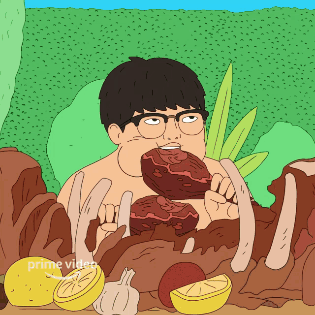 a cartoon of a shirtless man eating a large piece of meat from a pile of meat and bones