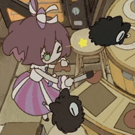 a girl in a purple dress is holding a knife next to a cat